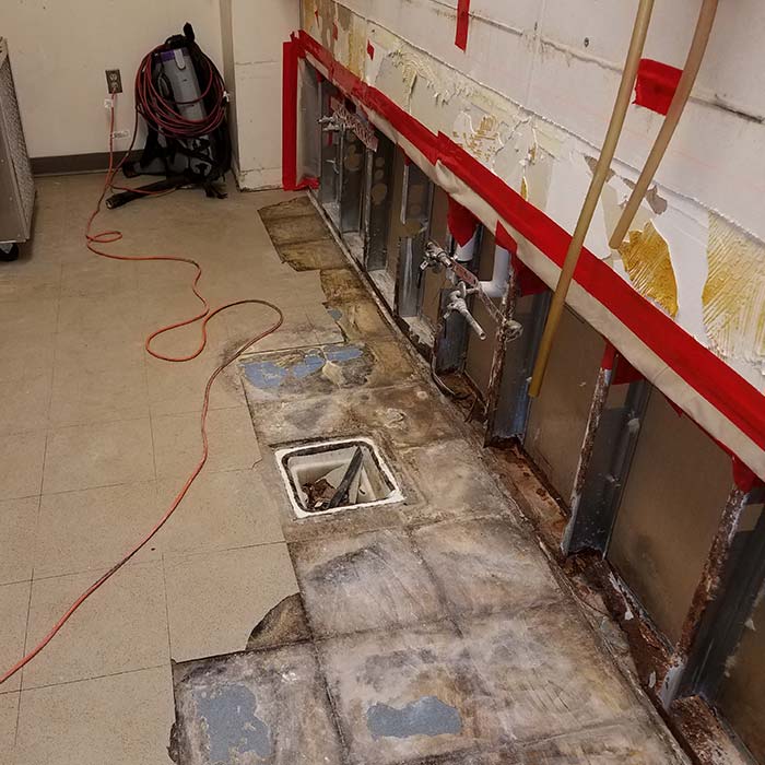 Image of mold remediation work happening to a floor and wall.